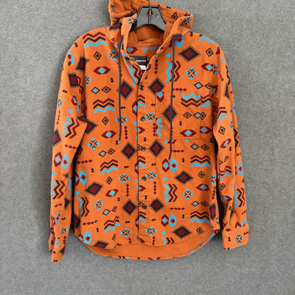Original Use Hooded Shirt Mens Small Orange Geometric Southwestern Button Down